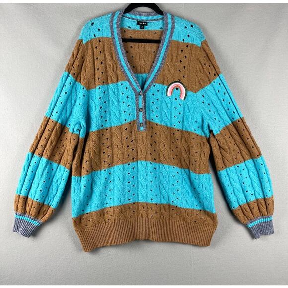 Torrid Henley Sweater Womens 3X Striped Embroidery V Neck Soft Cozy Colorful - Picture 1 of 15